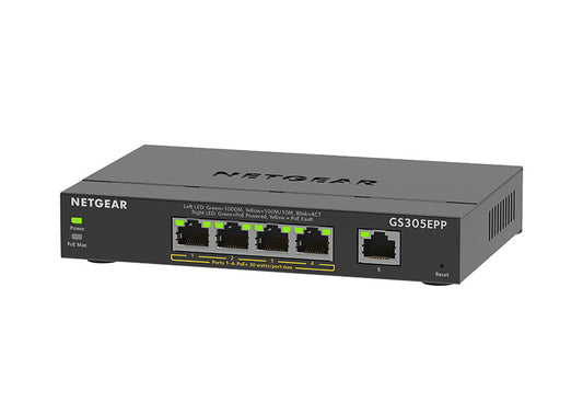 NETGEAR GS305EPP network switch, Managed, 5-port, Power over Ethernet (PoE), black