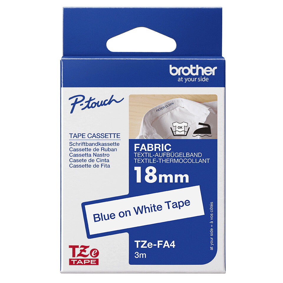 Brother TZE-FA4 label-making tape Blue on white