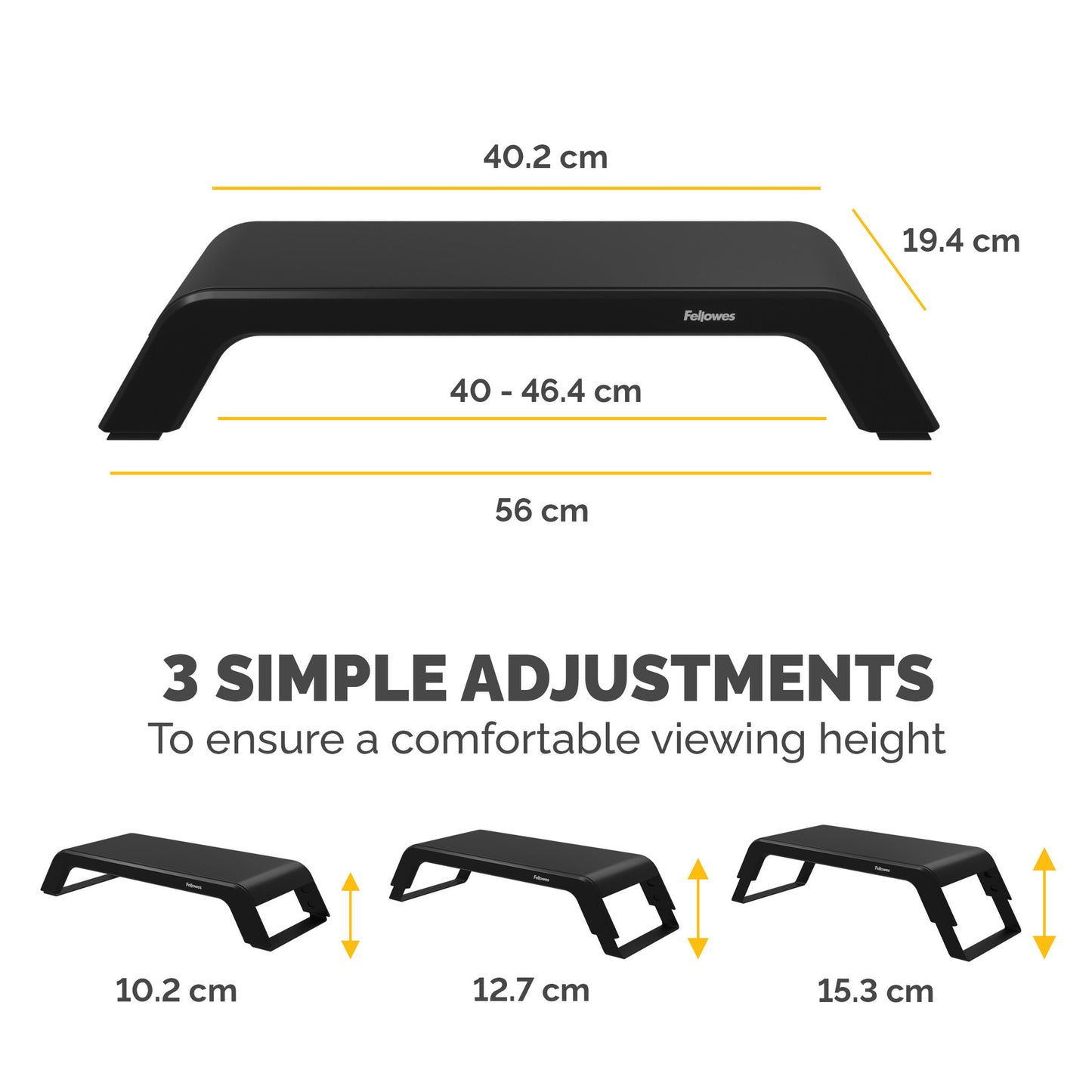 Fellowes Computer Monitor Stand with 3 Height Adjustments - Hana LT Monitor Riser - Ergonomic Adjustable Monitor Stand for Computers - Max Weight 22.6KG - Black