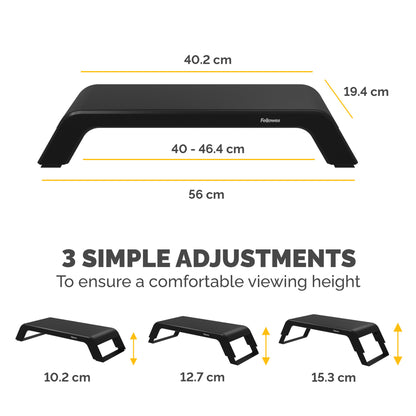 Fellowes Computer Monitor Stand with 3 Height Adjustments - Hana LT Monitor Riser - Ergonomic Adjustable Monitor Stand for Computers - Max Weight 22.6KG - Black