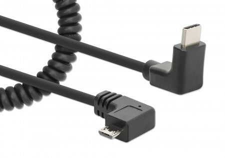 Manhattan USB-C to Micro-USB Charging Cable, 1m, Coiled Tangle-Resistant Design, Angled Connectors, Ideal for Charging Cabinets/Carts, Charge Only - No Data Sync, Black, Lifetime Warranty