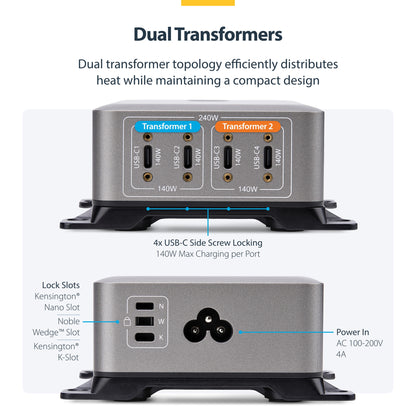StarTech.com 4-Port Multi-Device USB-C Charger, 240W Total, Single Port 140W EPR, PD 3.1, Screw Locking Ports, Boardrooms, Bracket incl. for Surface Mounting