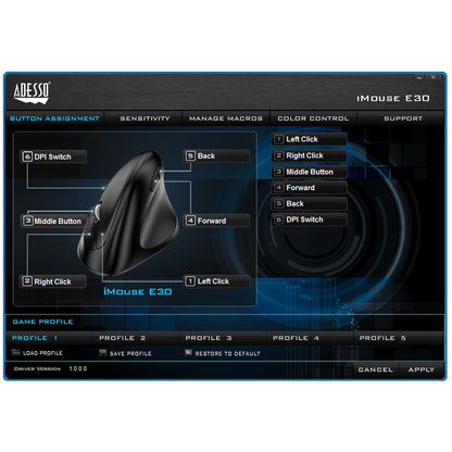 Adesso iMouse E30 - 2.4 GHz Wireless Vertical Programmable Mouse