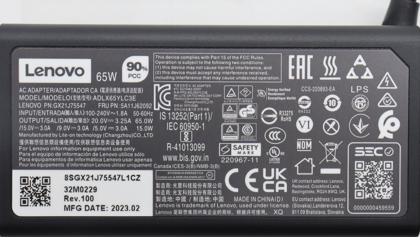 Lenovo 5A11J62092 power adapter/inverter Indoor 65 W Black