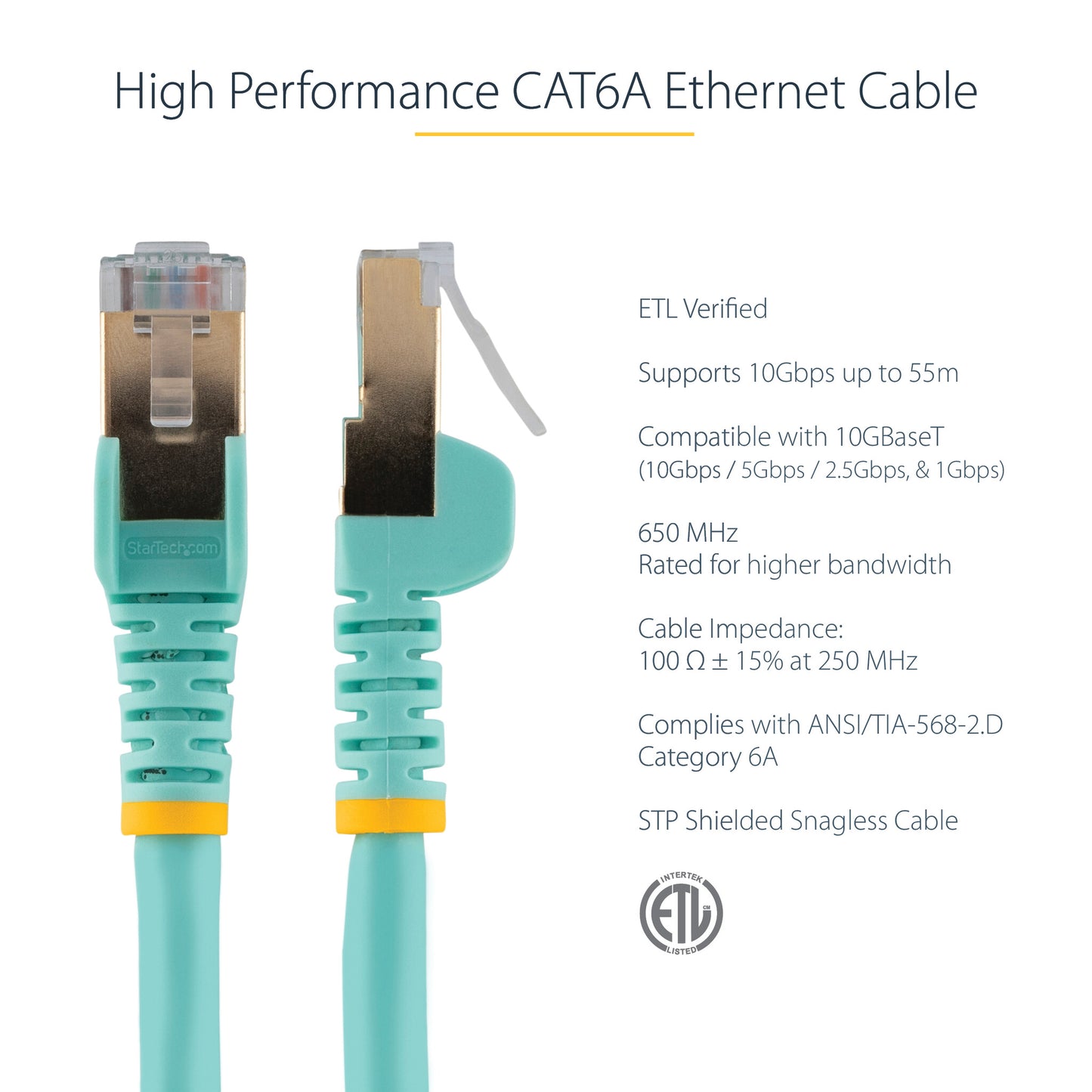 StarTech.com 0.50m CAT6a Ethernet Cable - 10 Gigabit Shielded Snagless RJ45 100W PoE Patch Cord - 10GbE STP Network Cable w/Strain Relief - Aqua Individually Tested/Wiring is UL Certified/TIA