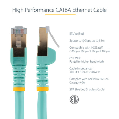 StarTech.com 0.50m CAT6a Ethernet Cable - 10 Gigabit Shielded Snagless RJ45 100W PoE Patch Cord - 10GbE STP Network Cable w/Strain Relief - Aqua Individually Tested/Wiring is UL Certified/TIA