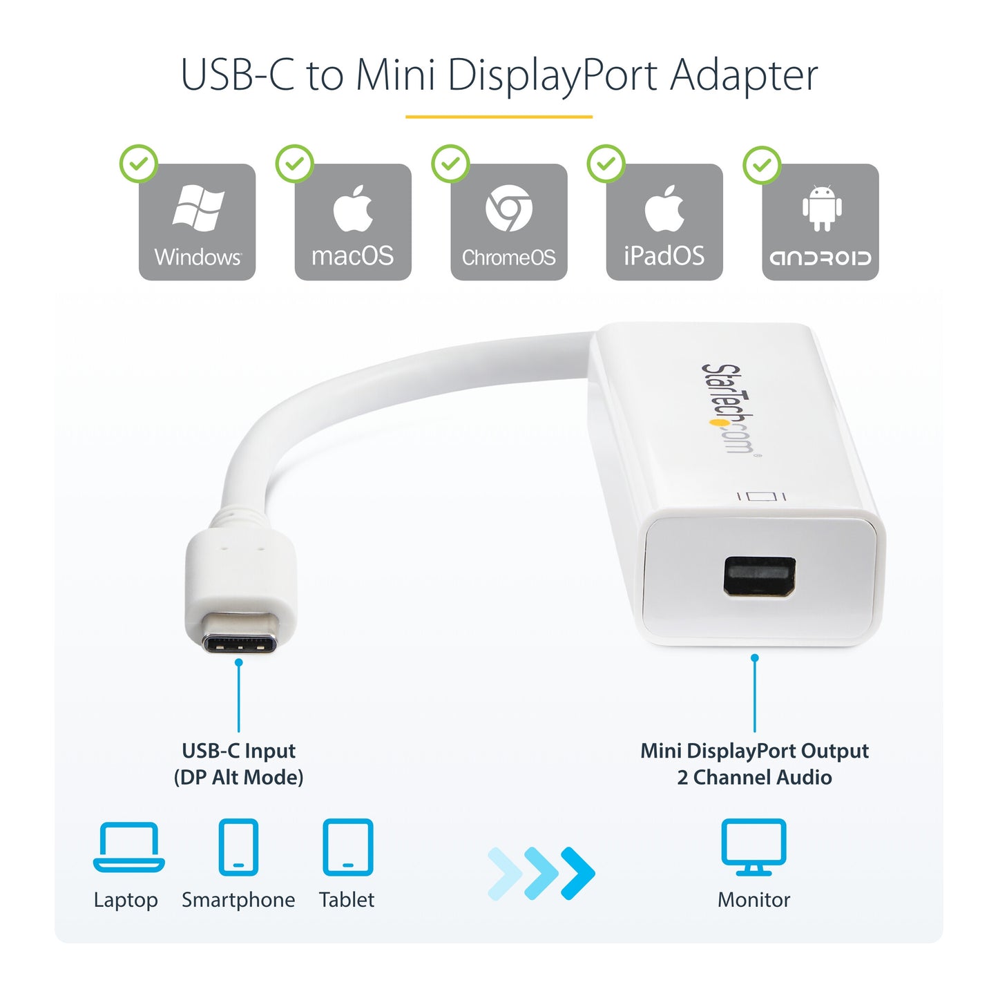 StarTech.com USB-C to Mini DisplayPort Adapter - 4K 60Hz - White - USB 3.1 Type-C to Mini DP Adapter - Upgraded Version is CDP2MDPEC