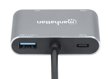 Manhattan USB-C Dock/Hub, Ports (x4): HDMI, USB-A, USB-C and VGA, with Power Delivery (PD) 87W- requires external USB-C charger (not included). USB powered (no external power supply required) when PD is not in use, Aluminium