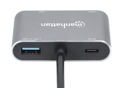 Manhattan USB-C Dock/Hub, Ports (x4): HDMI, USB-A, USB-C and VGA, with Power Delivery (PD) 87W- requires external USB-C charger (not included). USB powered (no external power supply required) when PD is not in use, Aluminium