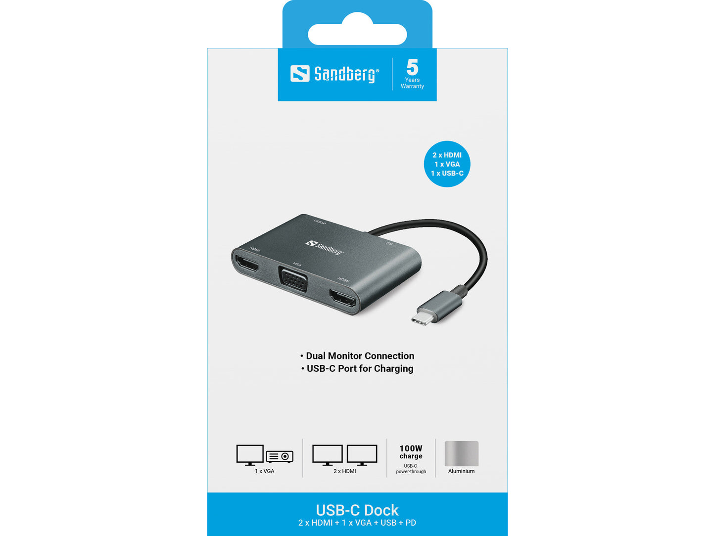 Sandberg USB-C Dock 2xHDMI+1xVGA+USB+PD