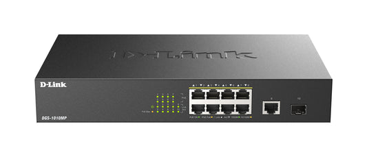 D-Link DGS-1010MP/E network switch, Unmanaged, 8-port, Power over Ethernet (PoE), black