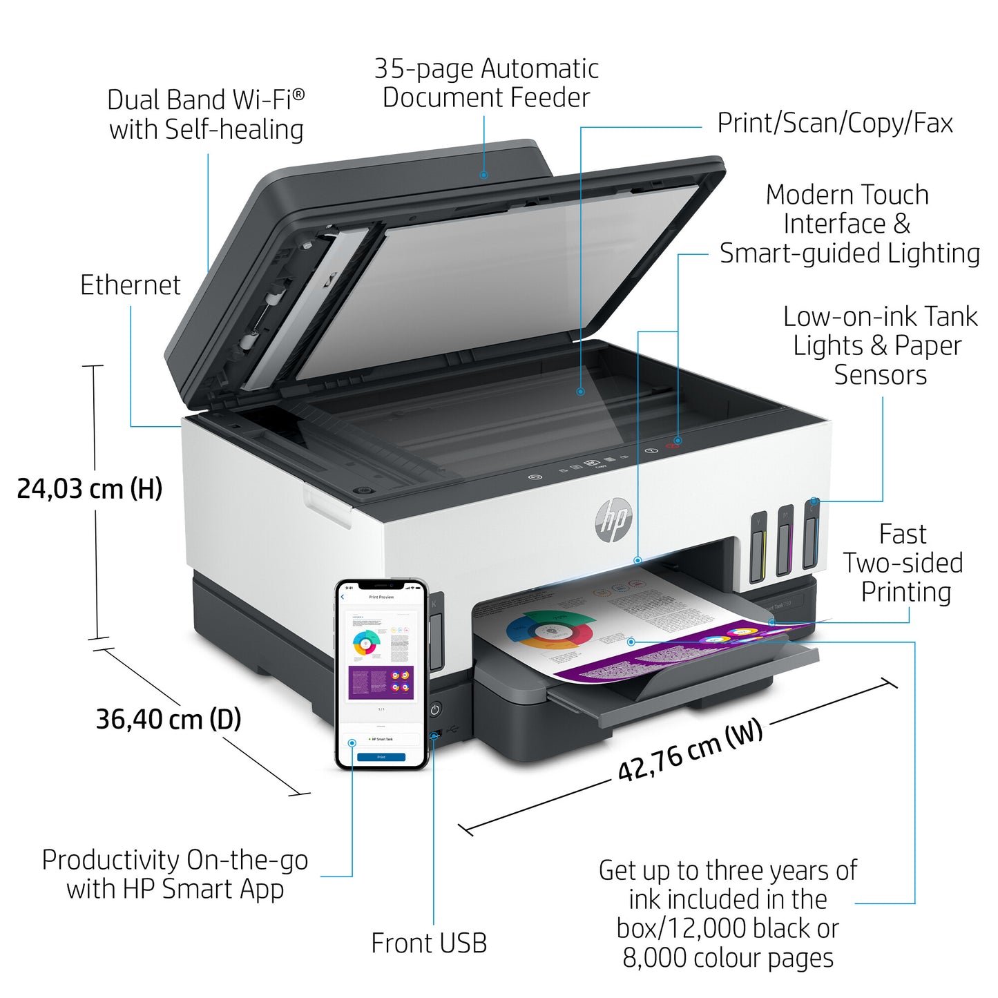 HP Smart Tank 7605 Wireless All-in-One Color Printer, Two-sided printing; Copier, Scanner