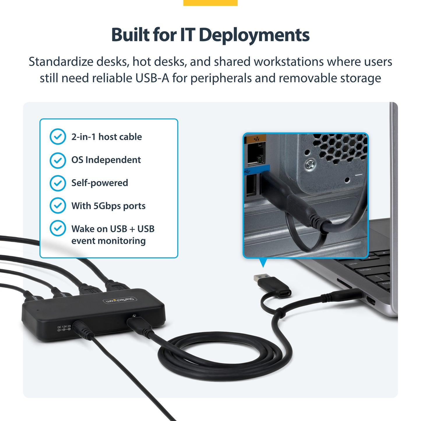 StarTech.com 4-Port USB-A Hub, 5Gbps, Self-Powered, 2-in-1 USB-C and USB-A Host Cable, 1x BC 1.2 Charging Port, 24W Power Adapter Included, MacBook and Windows