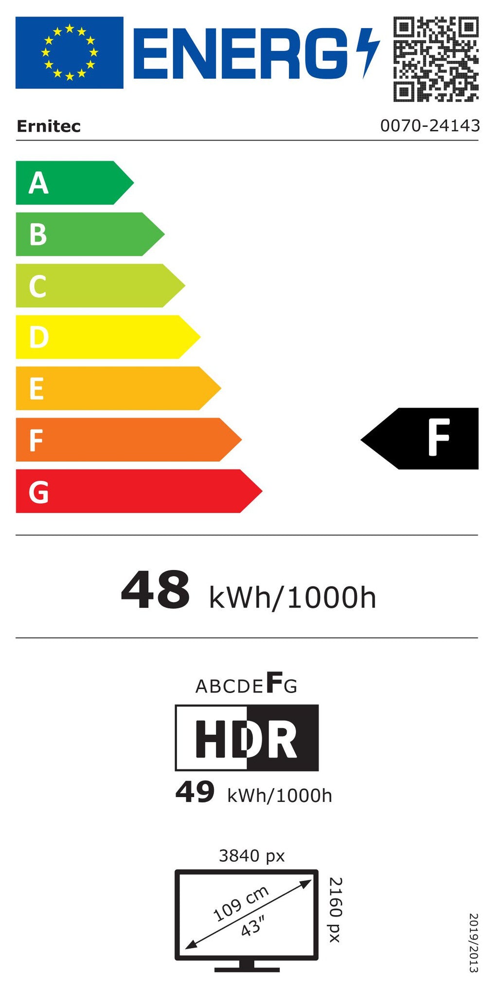 Ernitec 0070-24143 LED display 109.2 cm (43") 3840 x 2160 pixels 4K Ultra HD Black