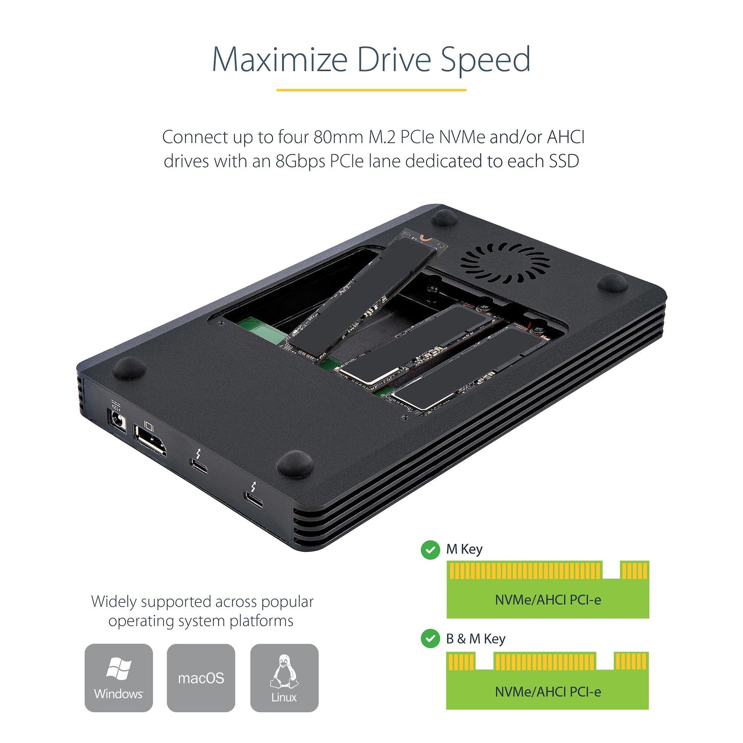 StarTech.com 4 Bay Thunderbolt 3 NVMe Enclosure, For M.2 NVMe SSD Drives, 1x DisplayPort Video/ 2x TB3 Downstream Ports, 40Gbps, 72W Power Supply, External Hard Drive Enclosure