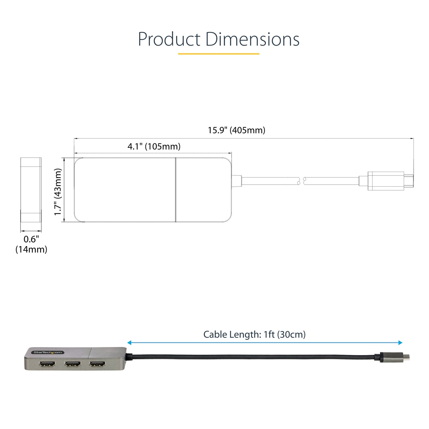 StarTech.com 3-Port USB-C Multi-Monitor Adapter, USB Type-C to 3x HDMI MST Hub, Triple 4K 60Hz HDMI Laptop Display Extender / Splitter, HDR, Extra-Long Built-In Cable - Windows Only