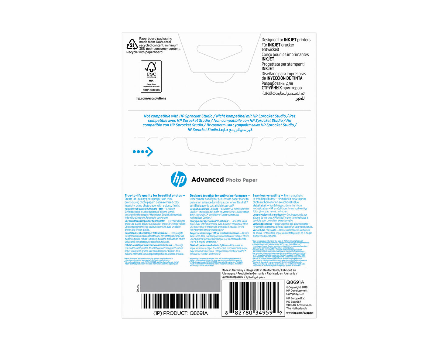 HP Advanced Photo Paper Glossy 250 g/m2 10 x 15 cm (101 x 152 mm) 25 sheets