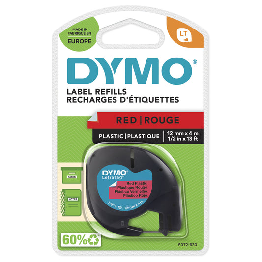 DYMO Branded LetraTag Plastic Labels | 12 mm x 4 m Roll | Black Print on Red Labels | MultipurposeSelf-Adhesive Labels for LetraTag Label Makers