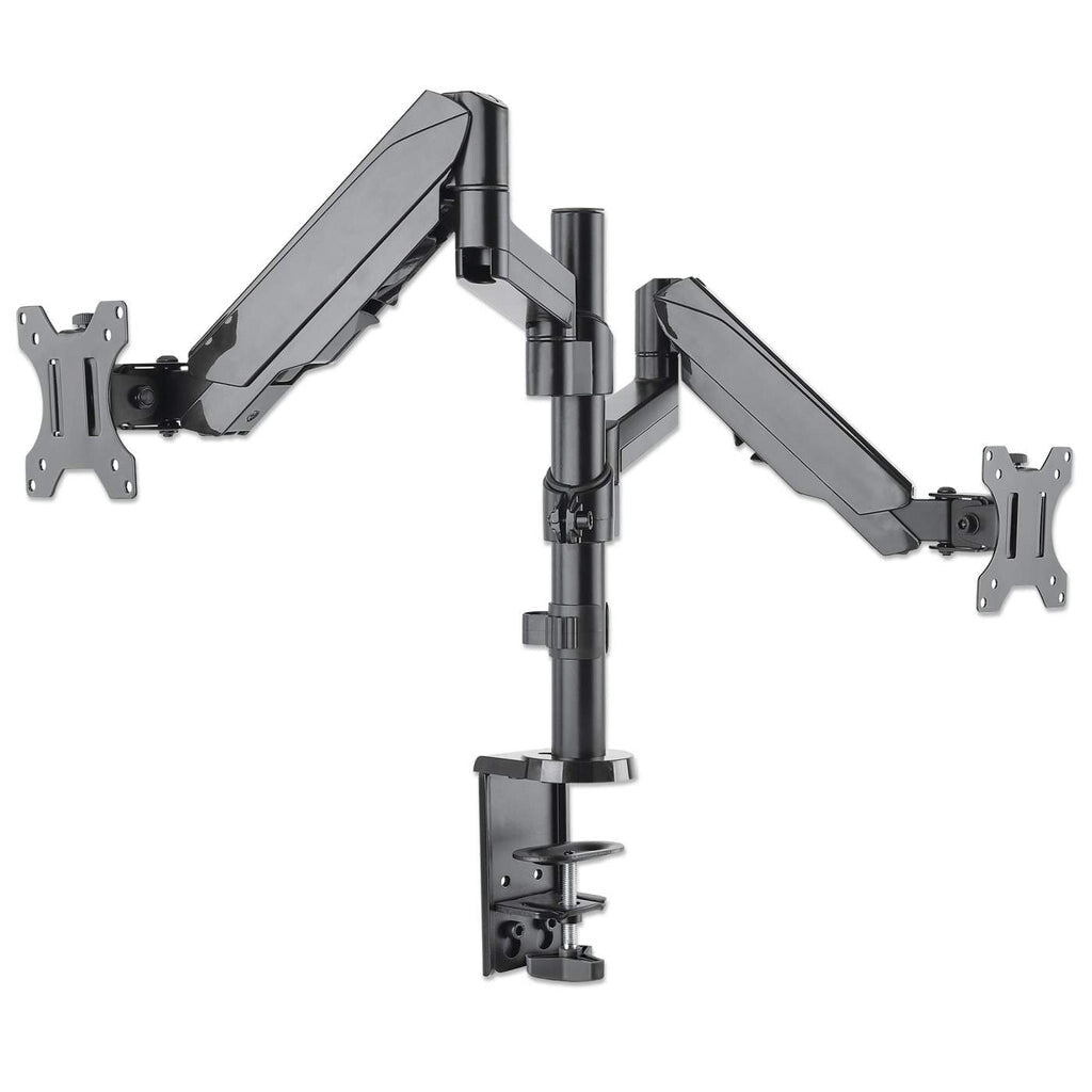 Manhattan TV & Monitor Mount, Desk, Full Motion (Gas Spring), 2 screens, Screen Sizes: 10-27", Black, Clamp or Grommet Assembly, Dual Screen, VESA 75x75 to 100x100mm, Max 8kg (each), Lifetime Warranty