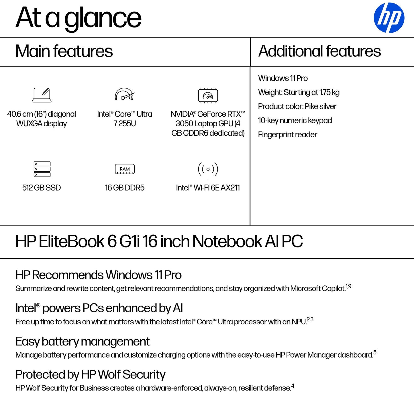HP EliteBook 6 G1i AI Intel Core Ultra 7 255U Laptop 40.6 cm (16") WUXGA 16 GB DDR5-SDRAM 512 GB SSD Wi-Fi 6E (802.11ax) Windows 11 Pro AI PC Silver