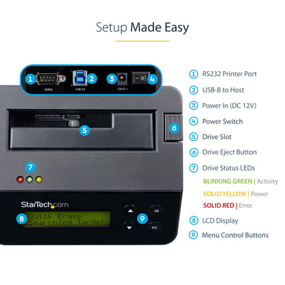 StarTech.com Single Bay Hard Drive Eraser, Standalone HDD/SSD Sanitizer, 4Kn, USB 3.0 to SATA III (6 Gbps), 9 Erase Modes, LCD Display, Secure Erase Hard Disk Sanitizer Dock, DB-9 Printer Port, TAA Compliant