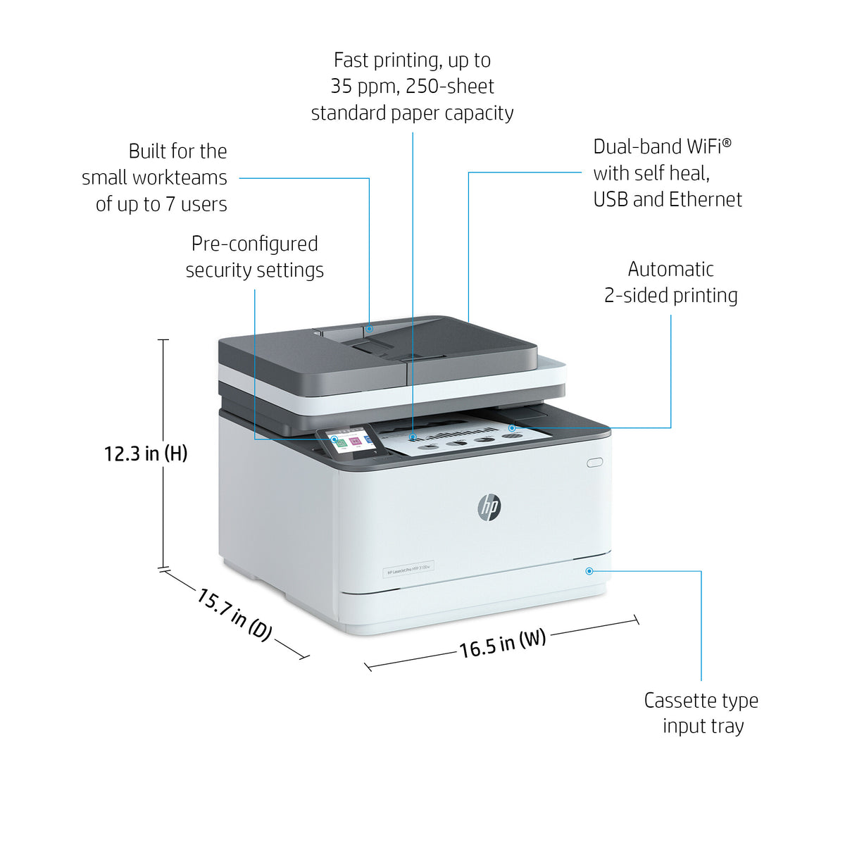 HP LaserJet Pro 3102fdn Multifunction Black and white Printer, Ethernet Only; Copier, Scanner