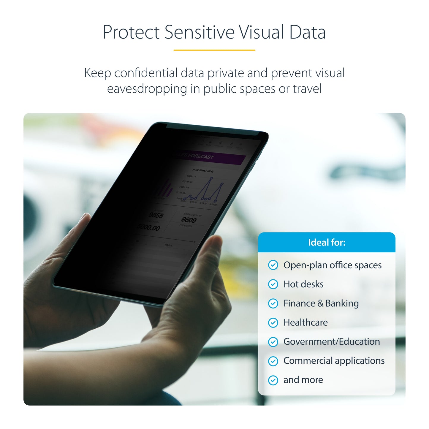 StarTech.com 4-Way Privacy Screen For 12.9-inch iPad Pro, 3rd Gen and Up, For Portrait/Landscape, Touch-Enabled, +/- 30 Deg. View, Blocks up to 51% Blue Light, Matte