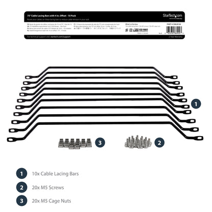 StarTech.com Horizontal Cable Lacing Bars with 4 in. Offset for Racks - 10 Pack