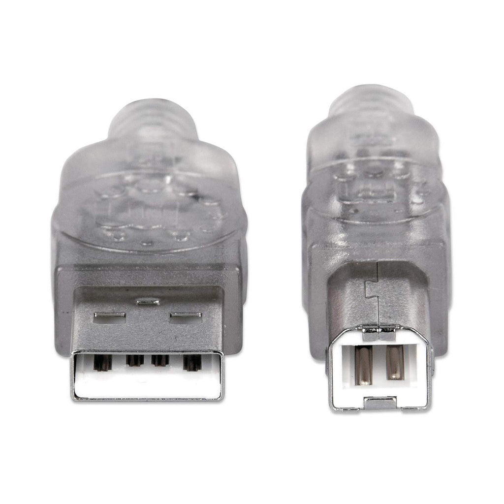Manhattan USB-A to USB-B Cable, 1.8m, USB 2.0, 480 Mbps, Hi-Speed USB, Translucent Silver, Lifetime Warranty, Equivalent to USB2HAB6T