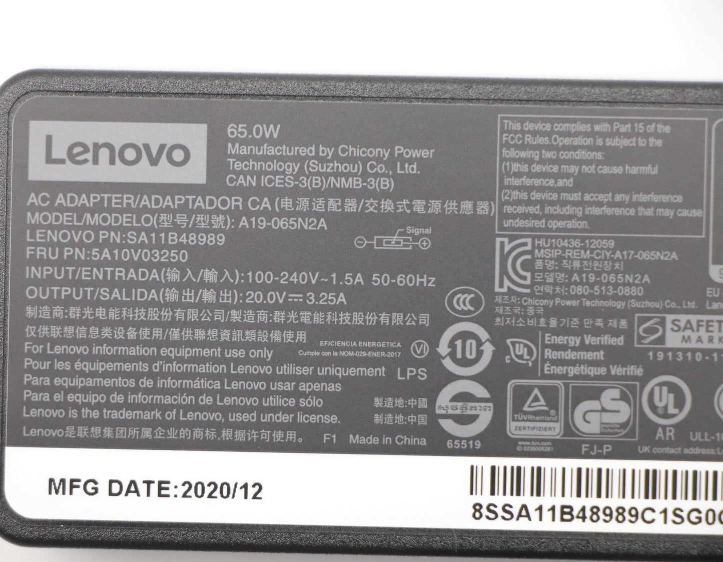 Lenovo 5A10V03250 power adapter/inverter Indoor 65 W Black