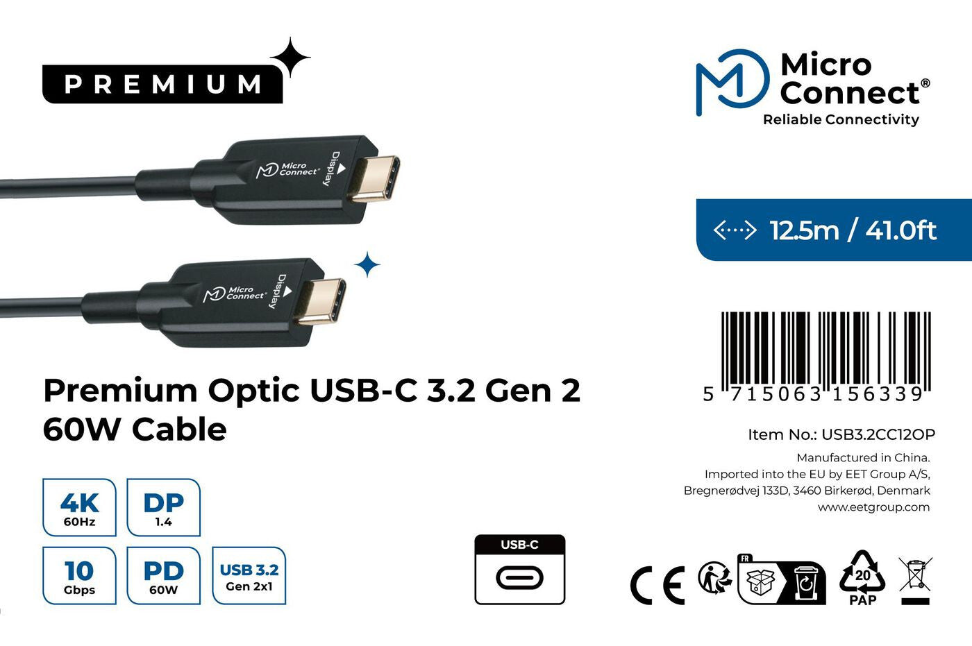 Microconnect USB3.2CC12OP USB cable USB 3.2 Gen 2 (3.1 Gen 2) 12.5 m USB C Black