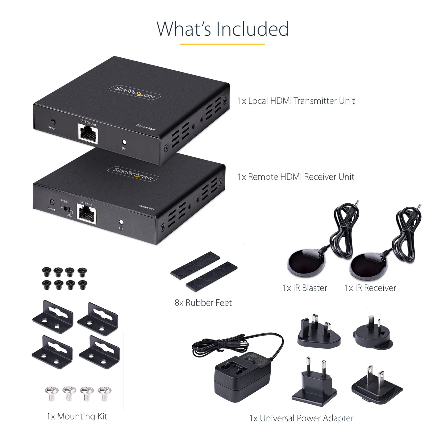 StarTech.com 4K HDMI Extender Over CAT5/CAT6 Cable, 4K 60Hz HDR Video Extender Up to 230ft (70m), HDMI Over Ethernet Cabling, S/PDIF Audio Out, HDMI Transmitter and Receiver Kit
