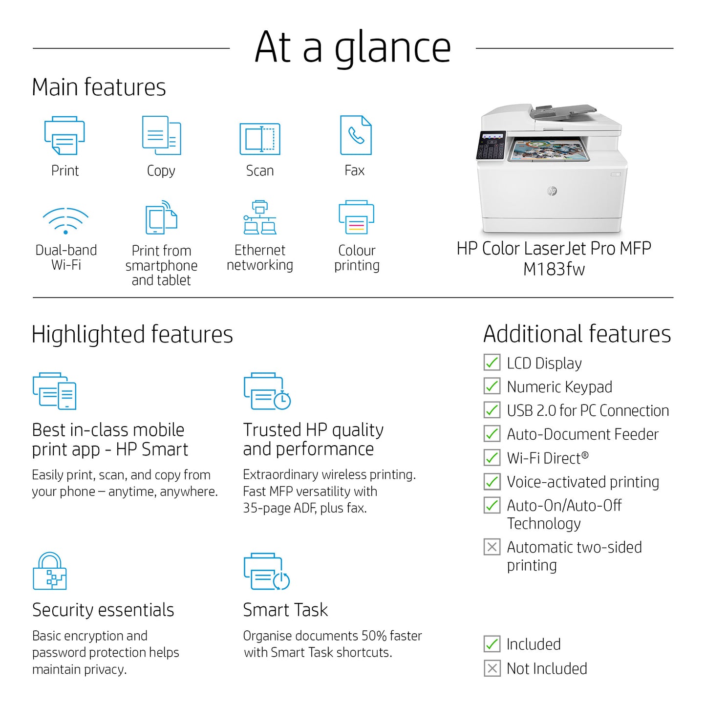 HP LaserJet Pro M183fw Wireless Multifunction Color Printer, Copier, Scanner; Duplex