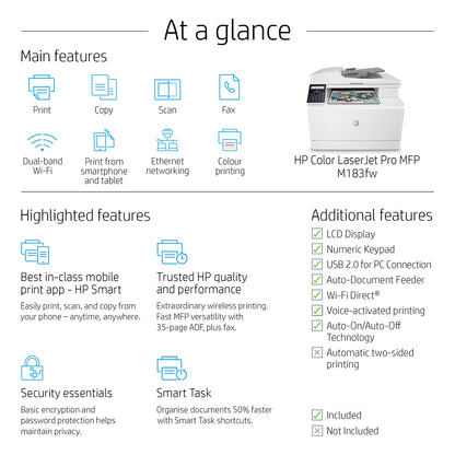 HP LaserJet Pro M183fw Wireless Multifunction Color Printer, Copier, Scanner; Duplex