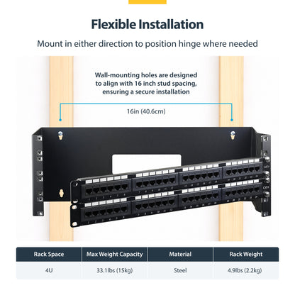 StarTech.com 4U Hinged Wall Mount Patch Panel Bracket - 6 inch Deep - 19" Patch Panel Swing Rack for Shallow Network Equipment- 33lbs