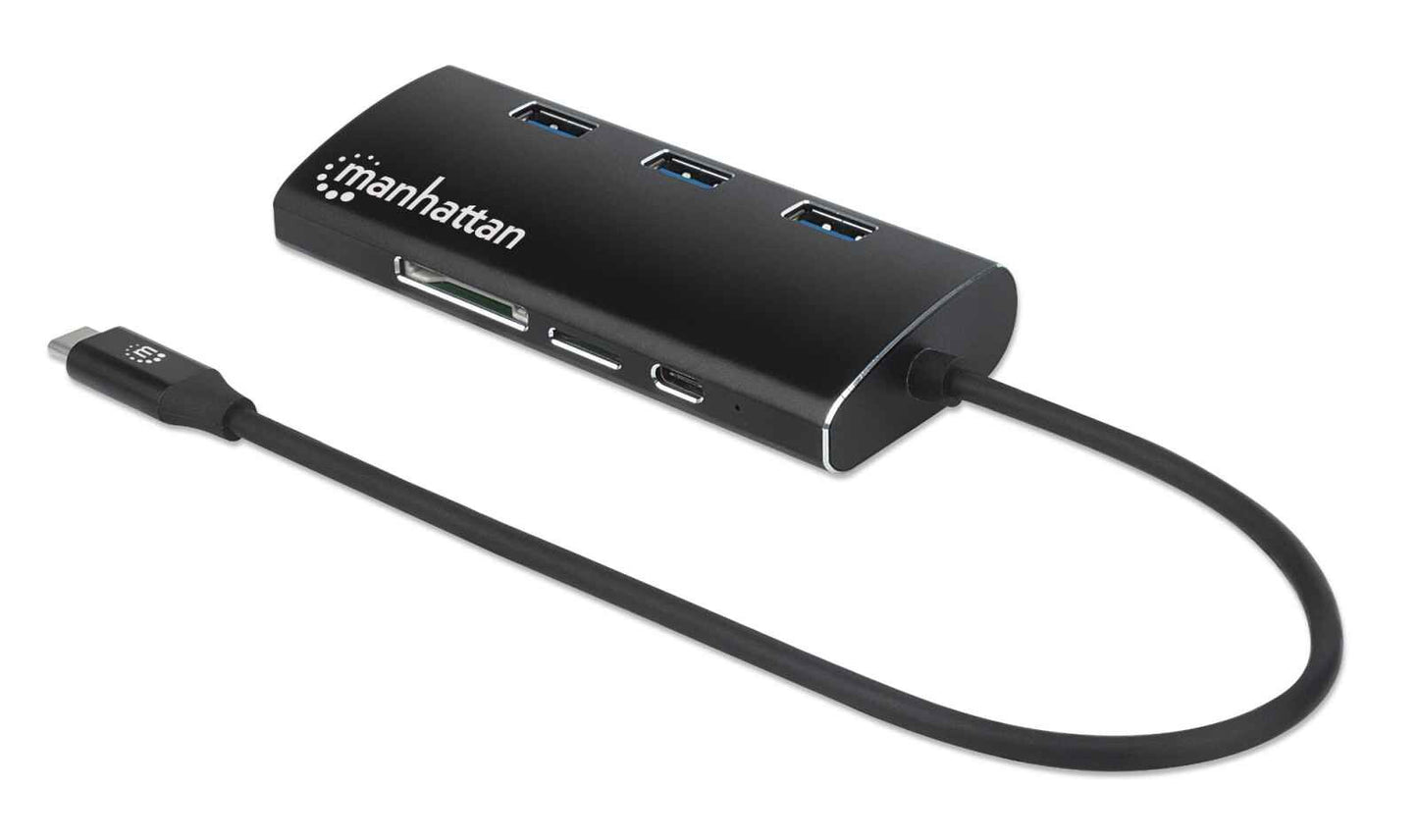 Manhattan USB-C Dock/Hub with Card Reader, Ports (x6): Ethernet, HDMI, USB-A (x3) and USB-C, With Power Delivery (100W) to USB-C Port (Note additional USB-C wall charger and USB-C cable needed), Equivalent to DKT30CSDHPD3, Aluminium, Black, 3 Year Warrant