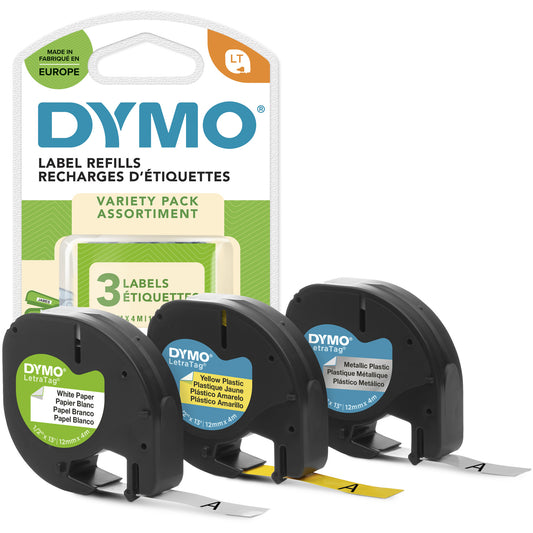 DYMO LetraTag Labels Starter Pack with PaperPlastic and Metallic Labels | 12 mm x 4 m Rolls | 3 Rolls of Self-Adhesive Multipurpose Labels for LetraTag Label Makers
