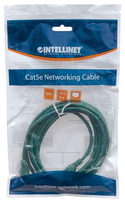 Intellinet Network Patch Cable, Cat5e, 3m, Green, CCA, U/UTP, PVC, RJ45, Gold Plated Contacts, Snagless, Booted, Lifetime Warranty