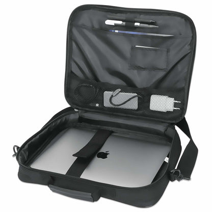Manhattan Cambridge Laptop Bag 14.1", Clamshell Design, Black, LOW COST, Accessories Pocket, Document Compartment on Back, Shoulder Strap (removable), Notebook Case, Three Year Warranty