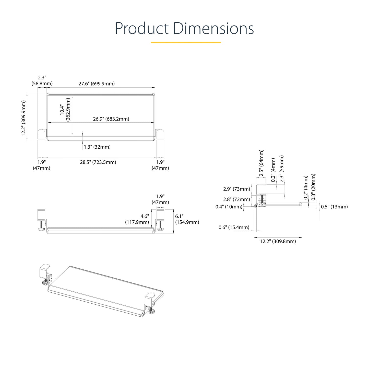 StarTech.com Under-Desk Keyboard Tray, Clamp-on Ergonomic Keyboard Holder, Up to 12kg (26.5lb), Sliding Keyboard and Mouse Drawer with C-Clamps, Height Adjustable Keyboard Tray (3.9/4.7/5.5 in) - TAA
