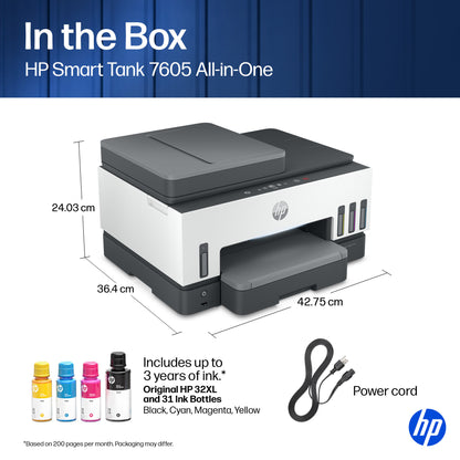 HP Smart Tank 7605 Wireless All-in-One Color Printer, Two-sided printing; Copier, Scanner