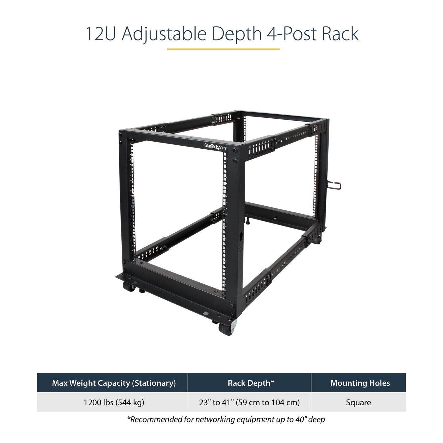 StarTech.com 4-Post 12U Mobile Open Frame Server Rack, Four Post 19" Network Rack with Wheels, Rolling Rack with Adjustable Depth for Computer/AV/Data/IT Equipment - Casters, Leveling Feet or Floor Mounting