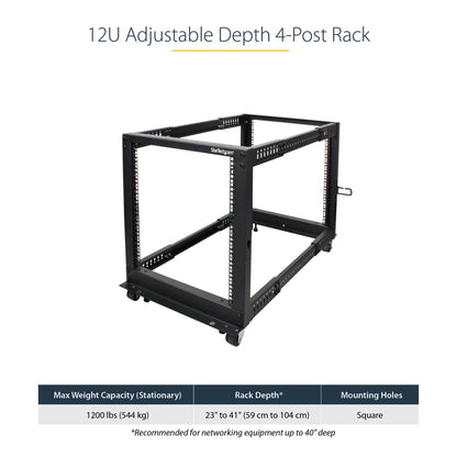 StarTech.com 4-Post 12U Mobile Open Frame Server Rack, Four Post 19" Network Rack with Wheels, Rolling Rack with Adjustable Depth for Computer/AV/Data/IT Equipment - Casters, Leveling Feet or Floor Mounting