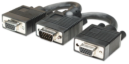 Manhattan Passive SVGA/VGA Y Splitter Cable, HD15 Male to Two HD15 Females, 15cm, Mirrors One Video Signal to Two Monitors, Fully Shielded, Black, Lifetime Warranty