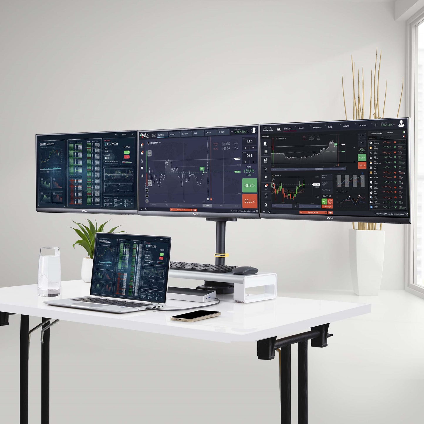 StarTech.com Triple Monitor Desk Mount For Up To Three 27in Screens, VESA 75x75/100x100, Tool-Less Arm Adjustments, C-Clamp/Grommet Mount, Spring-Assisted Arms