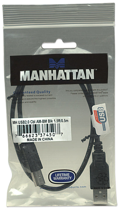 Manhattan USB-A to USB-B Cable, 0.5m, USB 2.0, 480 Mbps, Hi-Speed USB, Black, Lifetime Warranty, Equivalent to USB2HAB50CM