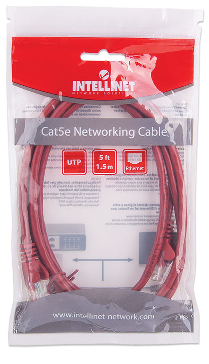 Intellinet Network Patch Cable, Cat5e, 1.5m, Red, CCA, U/UTP, PVC, RJ45, Gold Plated Contacts, Snagless, Booted, Lifetime Warranty