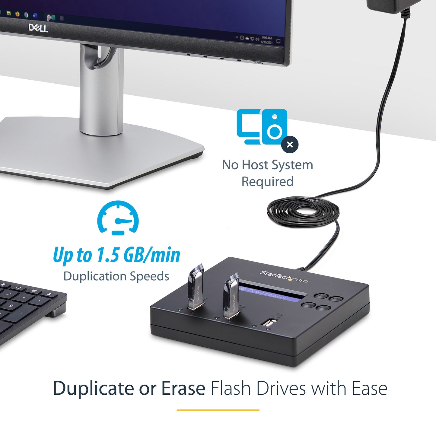 StarTech.com Standalone 1 to 2 USB Thumb Drive Duplicator and Eraser, Multiple USB Flash Drive Copier, System and File and Whole-Drive Copy at 1.5 GB/min, Single and 3-Pass Erase, LCD Display - TAA