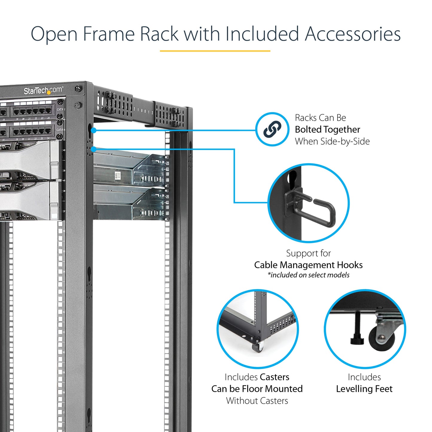 StarTech.com 25U 4-Post Server Rack, 19in Open Frame Rack with 40in (101cm) Mounting Depth and 1200lb (544kg) Weight Capacity, Mobile or Floor Mount IT Rack