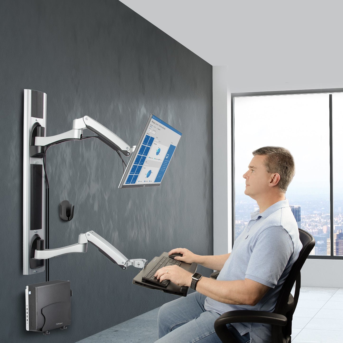 StarTech.com Wall Mount Workstation, VESA Mount For 32" Monitors (22lb/10kg), Fully Articulating Single Monitor Mount & Keyboard Tray w/Desktop Computer/PC Bracket, Standing Desk